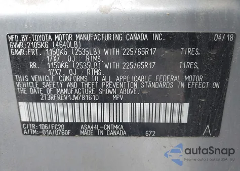 2018 Toyota Rav4 Xle from USA, damaged, VIN 2T3RFREV1JW781610